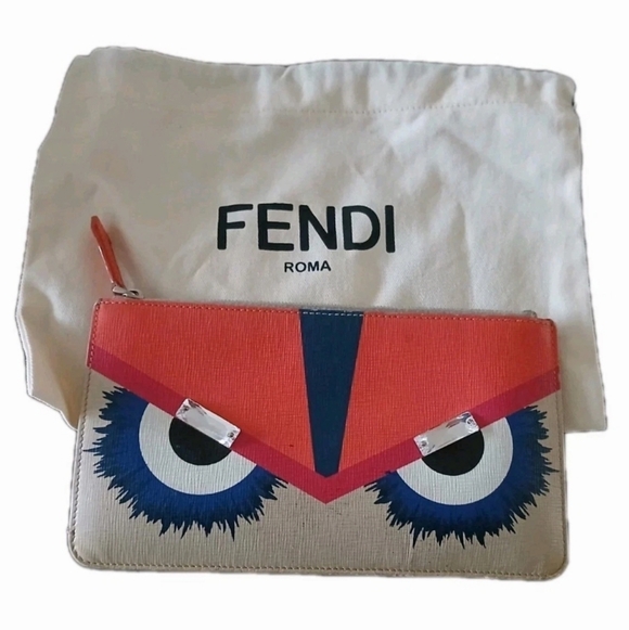 Vintage Fendi Vitello Elite Crystal Eye Monster Slim Pouch Multicolored With Box - Picture 1 of 10